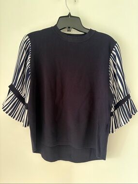 Women's Navy Knit Top with Striped Ruffle Sleeves - Elegant Casual